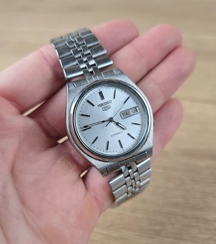 Seiko 5 Mens Watch 7009-450P Silver Dial Day Date 37mm Automatic Vintage Working