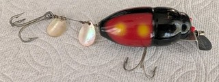 Vintage Creek Chub Beetle Fishing Lure No. 3855 Black and Red with Red eyes