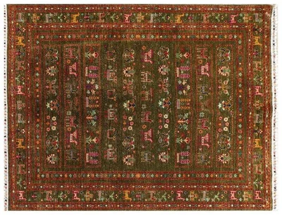 Afghan Ziegler Khorjin Ariana Teppich 150x200 Handgeknüpft Grün Gestreift - Bild 1 von 4