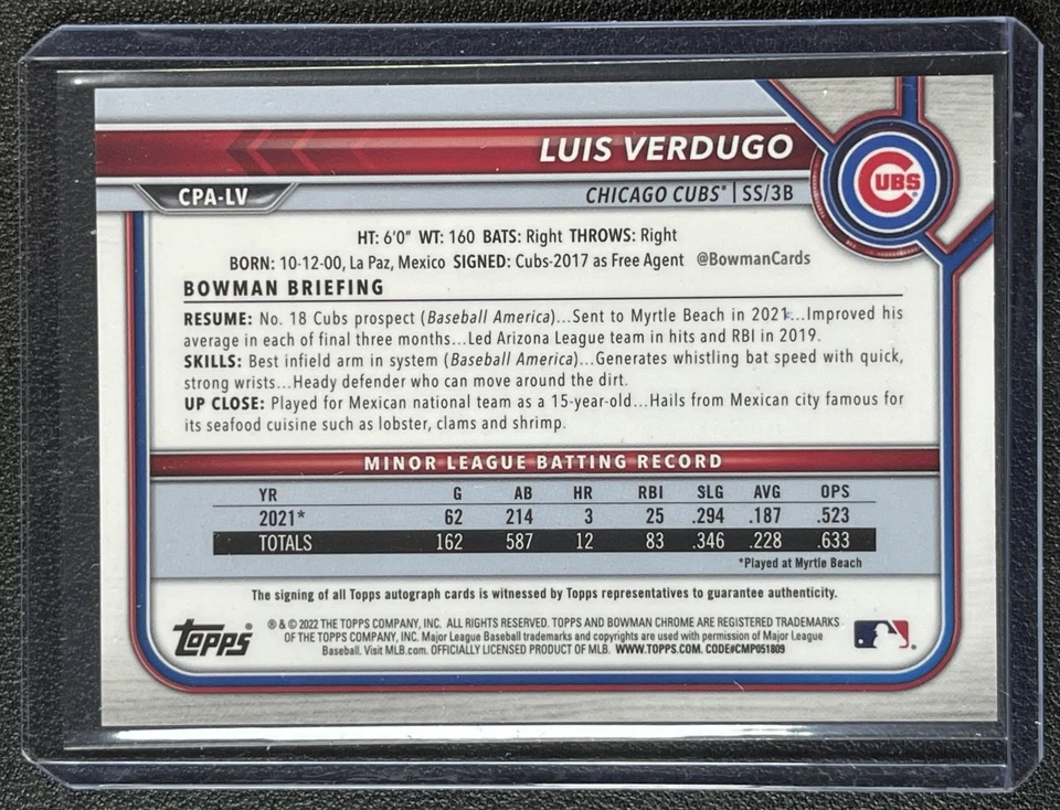 LUIS VERDUGO 2022 BOWMAN #CPA-LV CHROME PROSPECT AUTO SPECKLE REFRACTOR 243/299 - Image 2 of 2