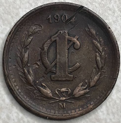 1904 MO Un Centavo 1 centesimo Messico moneta estera rame F56 -vecchio graffio - Foto 1 di 4