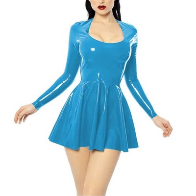 Plus Size Minikleid  A-Linie PVC U-Ausschnitt Langarm Bodycon Plissee-Kleider