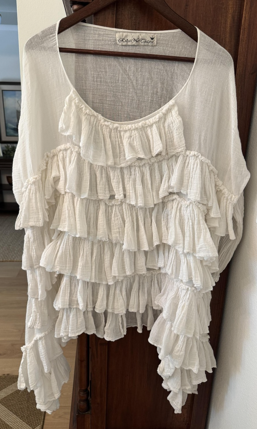 RitaNoTiara Ruffle Boho Top Womens Large Oversized Long Sleeve Asymmetric Tunic