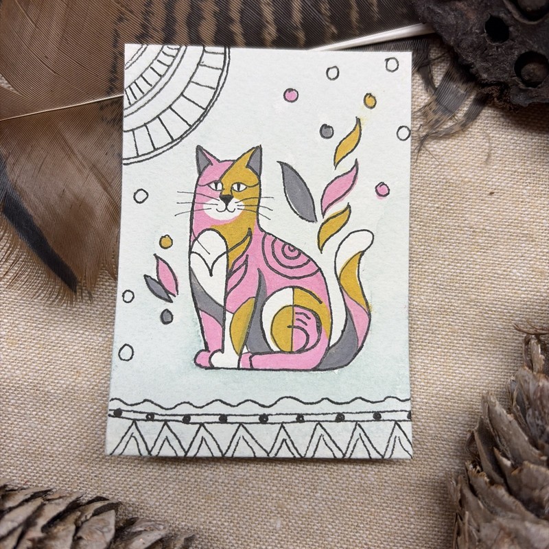 ACEO Original By AmberInWatercolor Cute Whimsical Cat Kitten, Animal Storybook