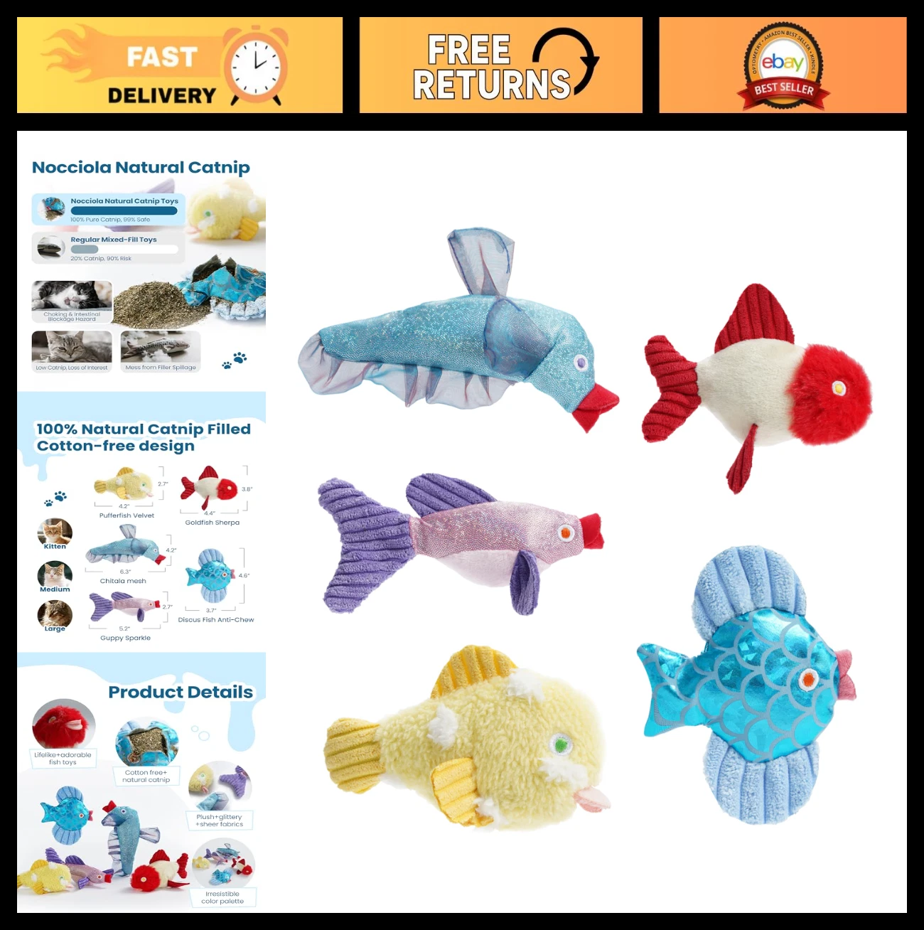 5 Pack Natural Catnip Toys for Indoor Cats - Soft Teething & Chewing Fish Toys