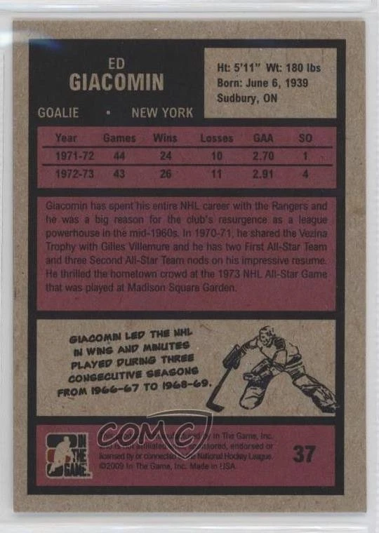 2009-10 ITG 1972 The Year in Hockey Ed Giacomin #37 HOF - Image 2 of 2