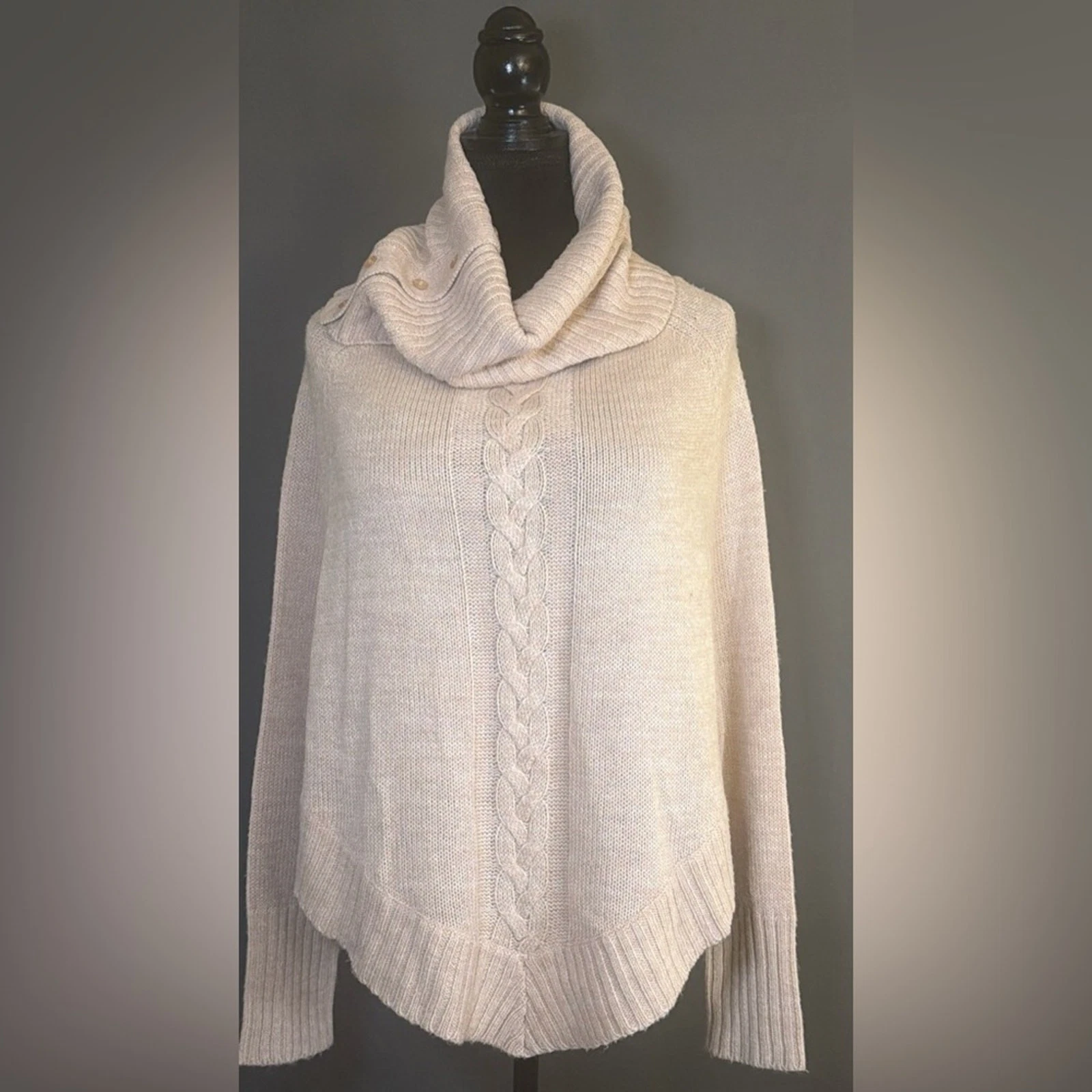 RD Style Tan Cream Cable Knit Cowl Neck Poncho Sweater M