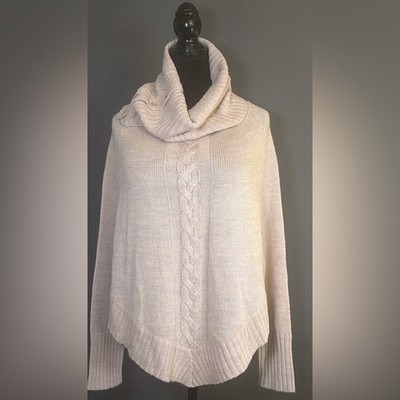 RD Style Tan Cream Cable Knit Cowl Neck Poncho Sweater M