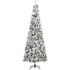 HOMCOM 9ft Pencil Snow Flocked Artificial Christmas Tree with Cones