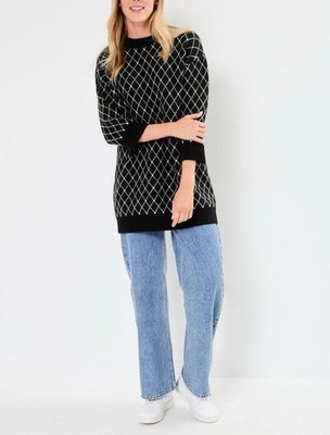 Ichi Alvino Tunic Sweater Black Wool Blend Diamond Pattern Relaxed Fit S Cozy
