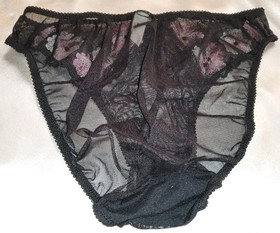 Vintage Felina Bikini Panties w Floral Embroidery Sheer Netted Black M 36