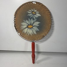 Vintage Hand Painted Leather Hand Fan Daisy Floral Red Wood Handle Rustic Decor