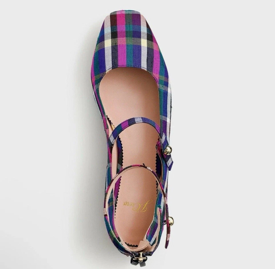 NOVO J.Crew Sally xadrez de seda Mary Jane sapatilhas de balé peônia turquesa tamanho 9 L0592 - Imagem 2 de 4