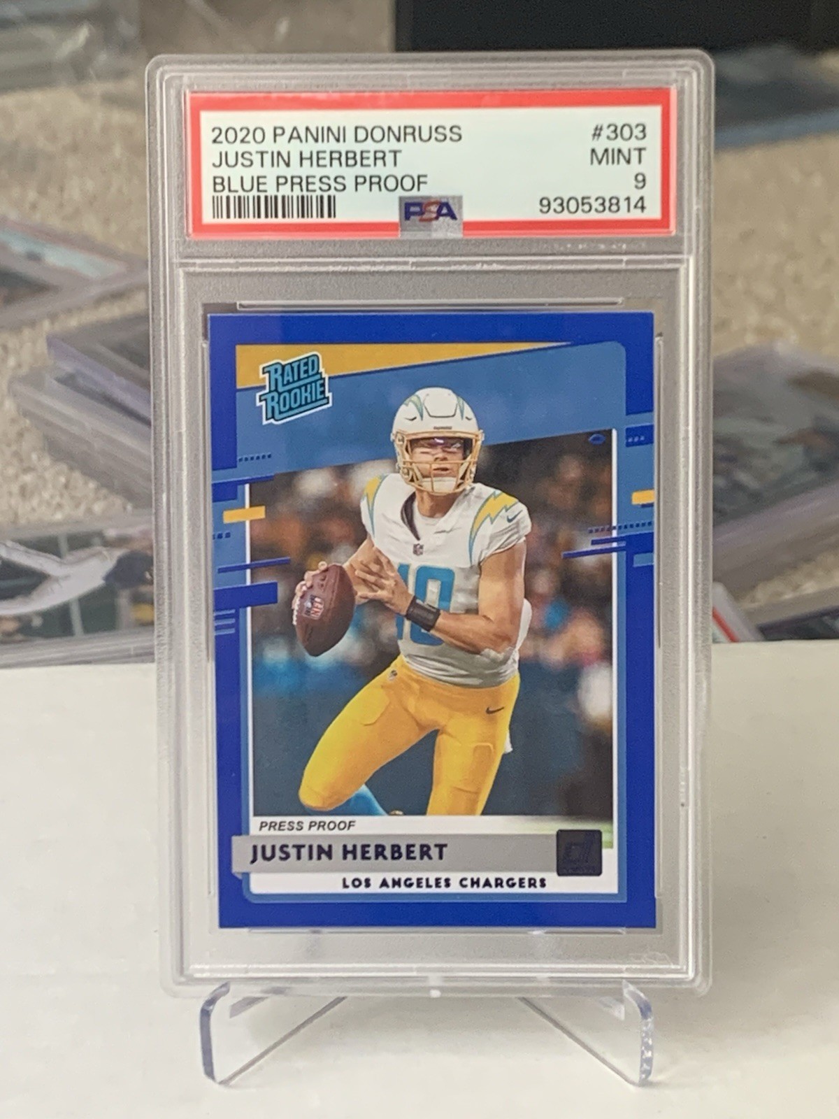 2020 Panini Donruss Justin Herbert #303 Rated Rookie Press Proof Blue PSA 9