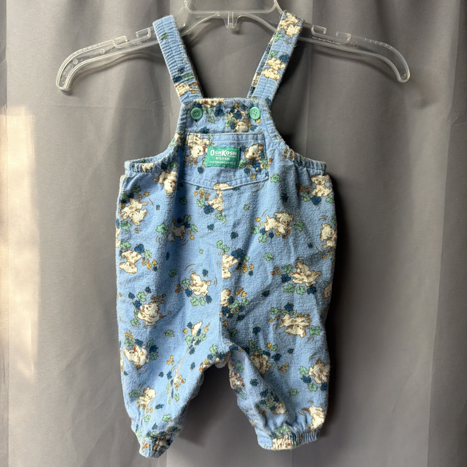 Vintage OshKosh B'Gosh Overalls 3-6 Months Dog Leafs Light Blue USA 100% Cotton