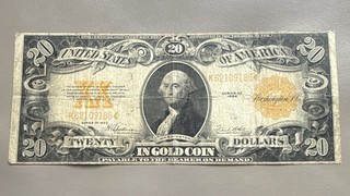 1922 $20 United States Gold Certificate Large Size Banknote "IN GOLD COIN"