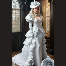 Elegant Victorian Wedding Dress Puff Long Sleeves White Satin Prom Party Gown