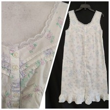 Vintage 80s Nightgown Cottagecore Country Blue Rose Floral Ruffles Lace Long M/L