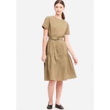 Uniqlo Womens Khaki Tan Tiered Belted Short Sleeve Midi Dress Cotton Blend L