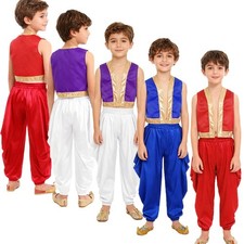 US Kids Boys Arabian Outfit Vest With Satin Dhoti Pants Elastic Waistband Set