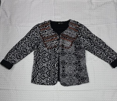 Eben Ezer Fashion Women's Black White Geometric Open Front Jacket L Lined