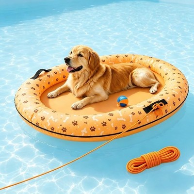 Dog Pool Float with Rope, 55'' x 35'' Inflatable x 35'', Gold Yellow