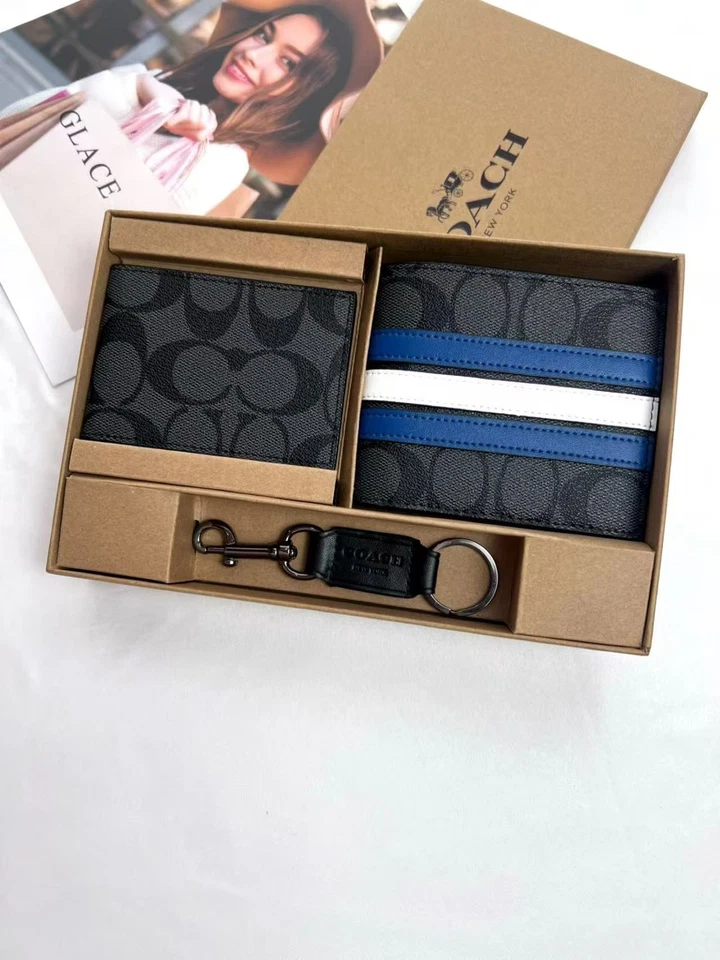 COACH MEN'S 3 IN 1 WALLET BOXED GIFT SET IN SIGNATURE CANVAS Black/Brown/Grey Foto 4 de 4