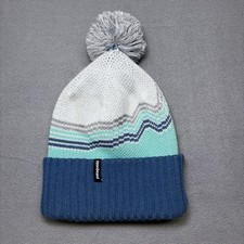Patagonia Powder Town Beanie Hat Pom Cuffed Blue Gray Teal Park Stripe