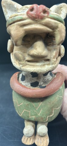 Very Unique & Rare 6" Aztec Mayan Clay Jaguar Man Ocarina Flute