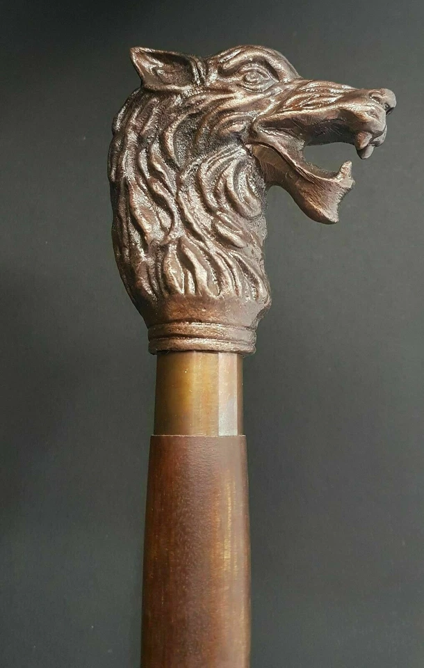 Ancienne canne à pied en bois manche tête de loup en aluminium cadeau fête de... - Photo 4/4