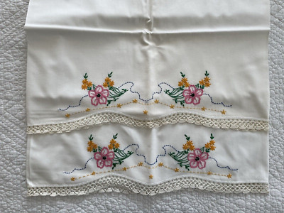 Vintage HAND EMBROIDERED Stitched Pillowcase 2pcs FLOWERS
