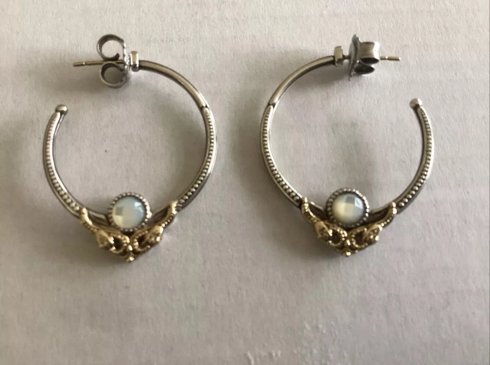 RARE Konstantino Mother of Pearl Hoop Earrings, Sterling Silver & 18K Gold - Image 2 of 4