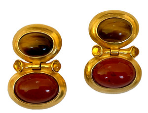 VTG JADED Earrings - 22K Gold Plated Brown Tiger's Eye & Red Carnelian Clip Drop
