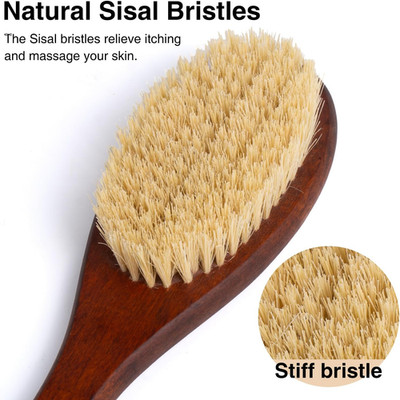 Wooden Bath Brush with Stiff Sisal Bristles Long Handle for Shower Back Scrub...