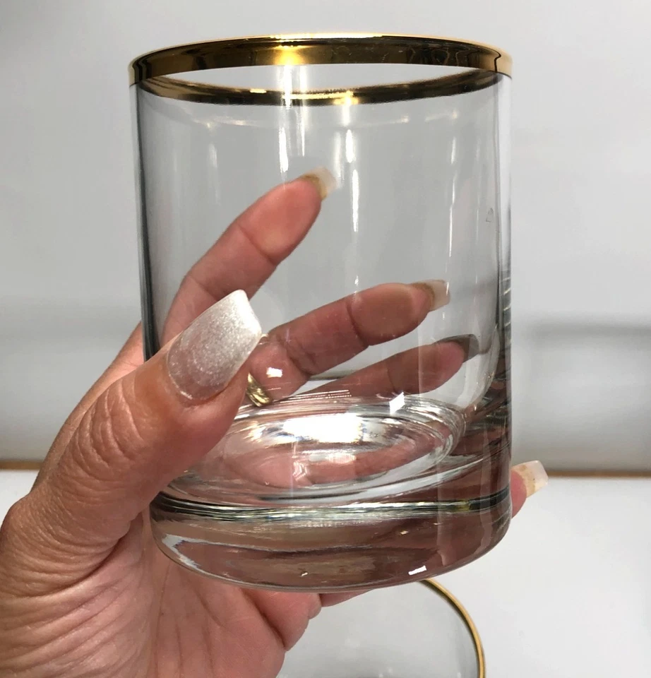 Juego de 4 vasos de cristal checo con borde dorado de colección Anchor Hocking barra baja  Foto 4 de 4
