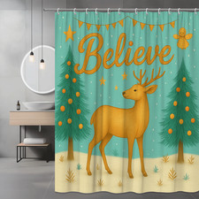 Whimsical Christmas Shower Curtain with Deer and Trees