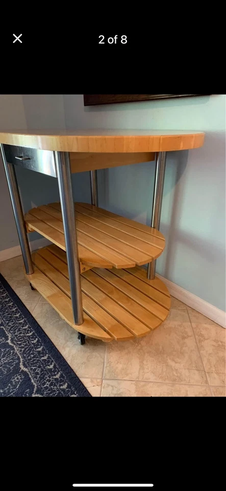Butcher Block Mobile Rolling Kitchen Island or Bar Service Table w/ Shelves - Image 2 of 4