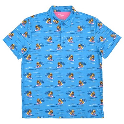 Birdie Bound Mens Blue Surfing Ducky Print Short Sleeve Golf Polo Shirt