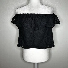 Guess Womens Black Lace Off The Shoulder Ruffled Crop Top Size M