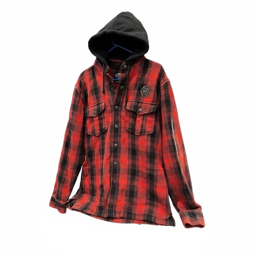 Harley-Davidson Men’s Hooded Plaid Shirt/Jacket In Red and Black. Size L - Image 2 of 4