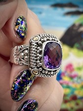 Hallmarked BA SUARTI 925 Sterling Silver 18k Gold Sparkling Amethyst Ring ~ N1/2