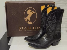 Stallion Men's Black Lizard/Italian Calf "Wingard" Style Cowboy Boots, Size 9.5D
