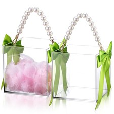 2 PCS Clear Flower Girl Baskets Pearl Handle Silk Bow for Wedding Petals