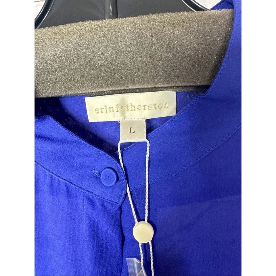 NUEVA Camisa con etiquetas Erin Fetherston Para Mujer Seda Gasa Transparente Abotonada Azul Grande Foto 4 de 4