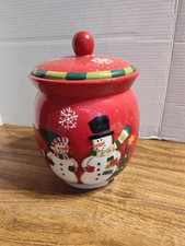 Rare Crofton Snowman Christmas Cookie Jar Red With Snowflakes