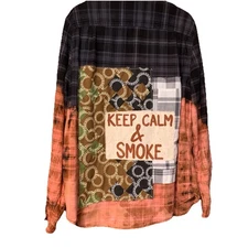 Upcycled Flannel Shirt Shacket XLT Folk Art Festival Patchwork Artsy Boho Smoke