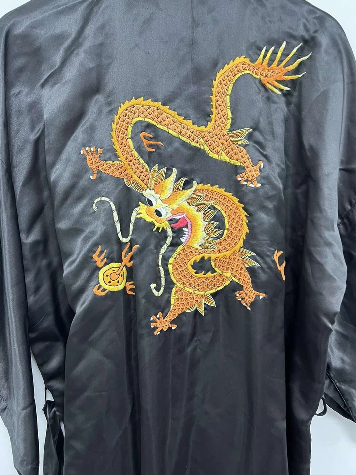 Винтажный азиатский золотой шелковый дракон вышитый китайский халат черный кимоно один размер - Изображение 3 из 4