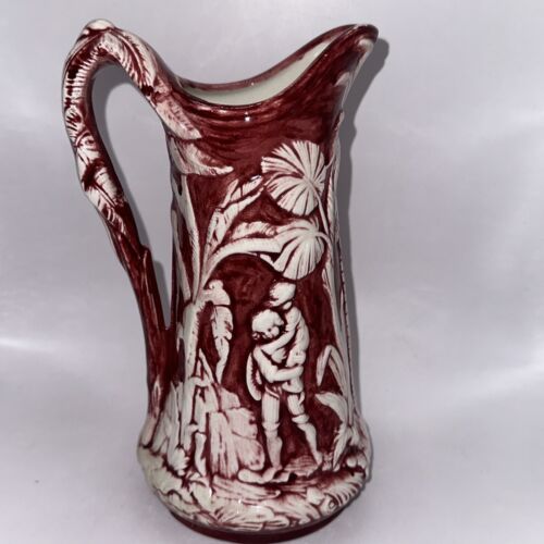 Vintage French Pitcher Majolica Tavern Woodland Mother Father Child 7.5x4.5" - Afbeelding 1 van 5