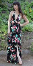 Black Strappy Hawaiian Floral Maxi Dress Halter S M L Le Vintage LBD9934