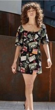 Reformation Sette Mini Dress Postcard Print Black Sz 4 Retro Travel Vacation Art